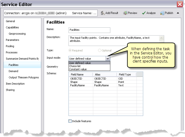 Defining the input mode in the Service Editor Defining the input mode in the Service Editor